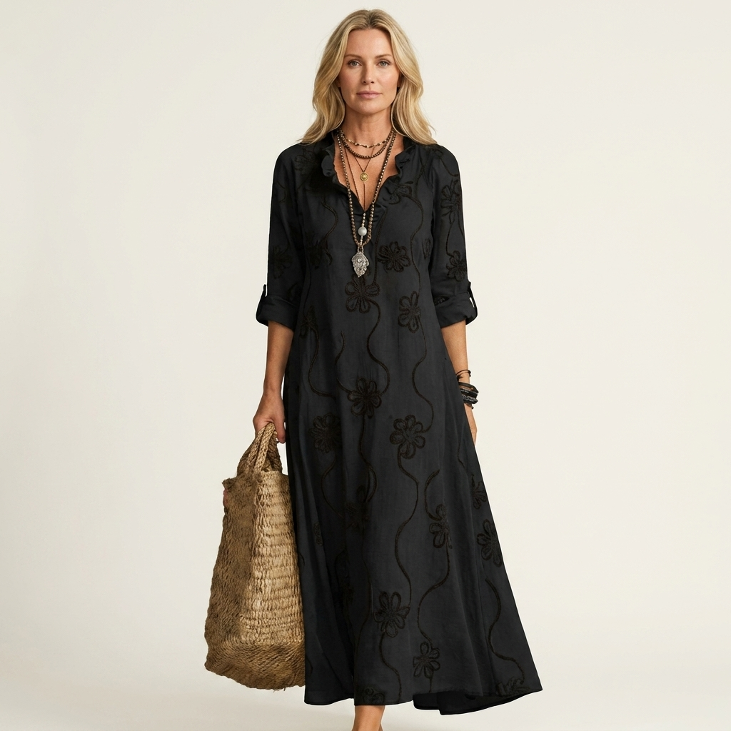 Mariam | Robe Maxi en Coton-Lin avec Broderie Florale