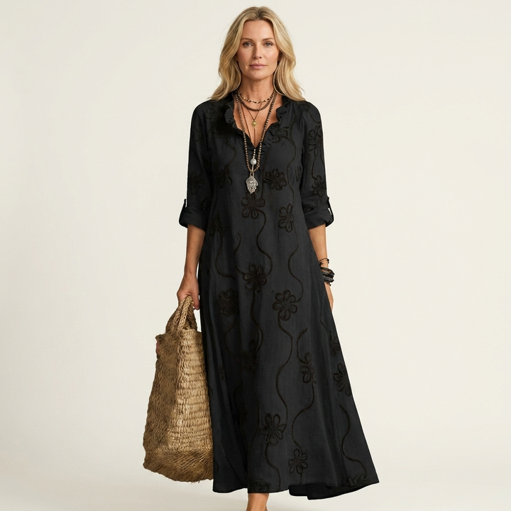 Mariam | Robe Maxi en Coton-Lin avec Broderie Florale