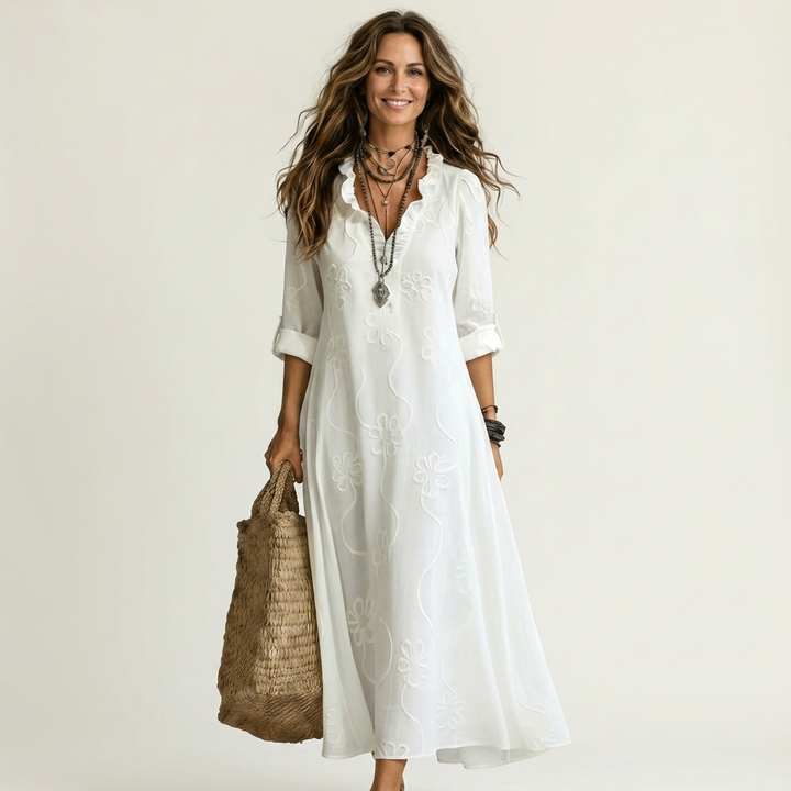 Mariam | Robe Maxi en Coton-Lin avec Broderie Florale