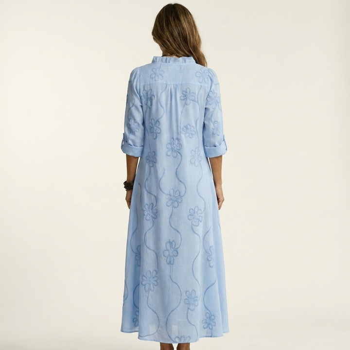 Mariam | Robe Maxi en Coton-Lin avec Broderie Florale