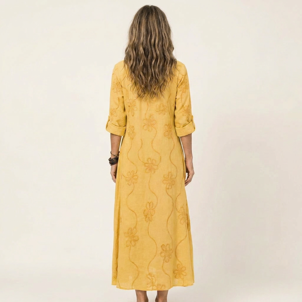 Mariam | Robe Maxi en Coton-Lin avec Broderie Florale