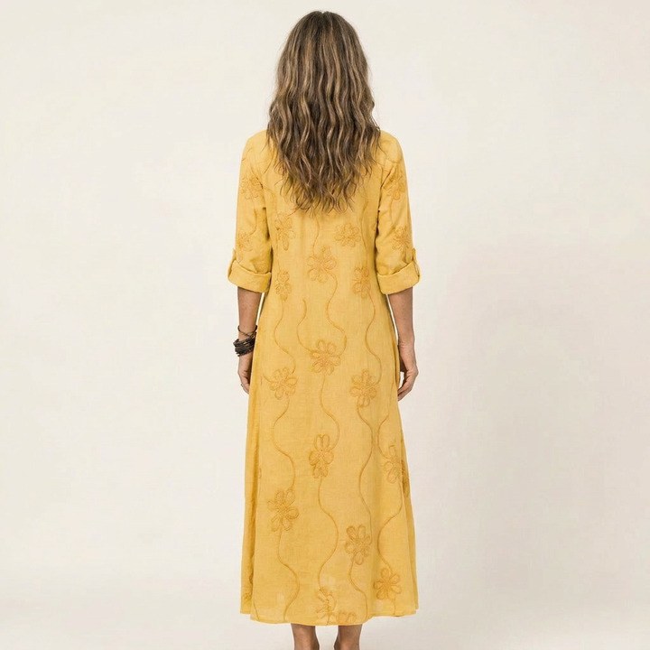 Mariam | Robe Maxi en Coton-Lin avec Broderie Florale