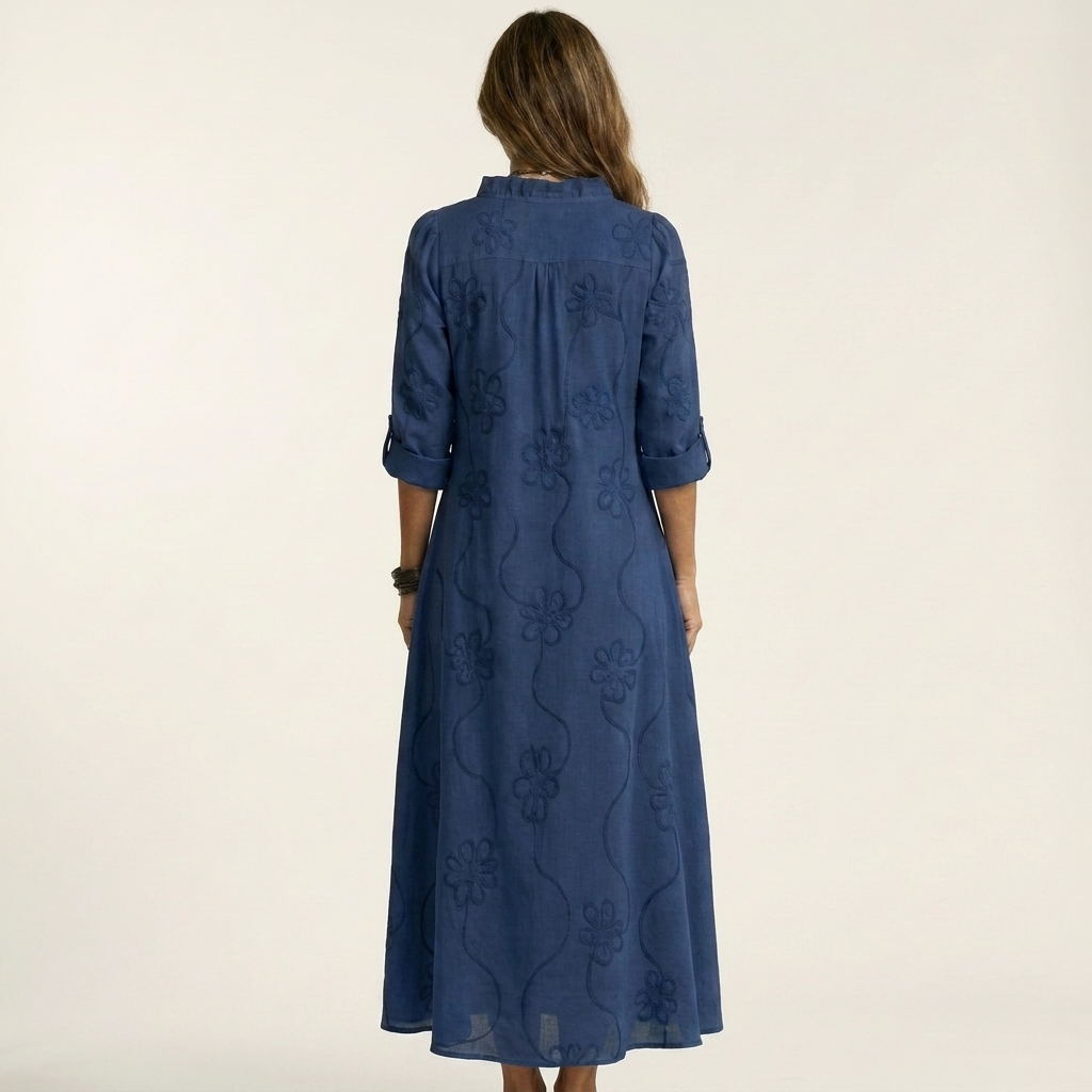 Mariam | Robe Maxi en Coton-Lin avec Broderie Florale