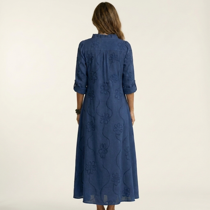 Mariam | Robe Maxi en Coton-Lin avec Broderie Florale