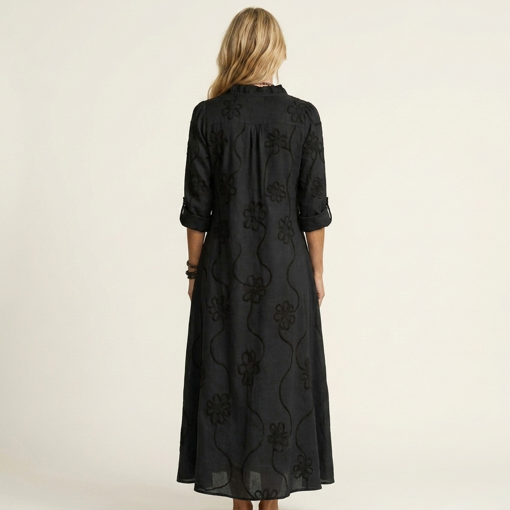 Mariam | Robe Maxi en Coton-Lin avec Broderie Florale