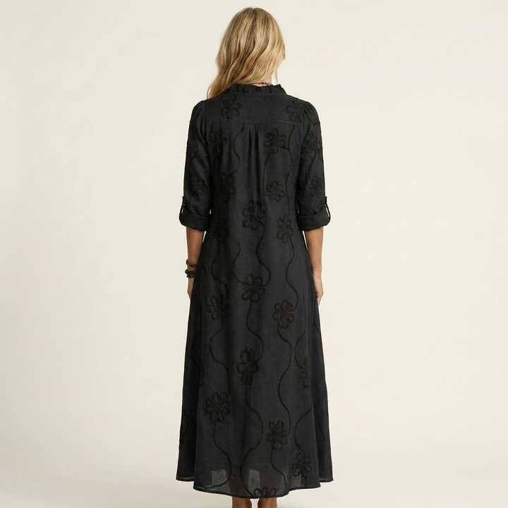 Mariam | Robe Maxi en Coton-Lin avec Broderie Florale