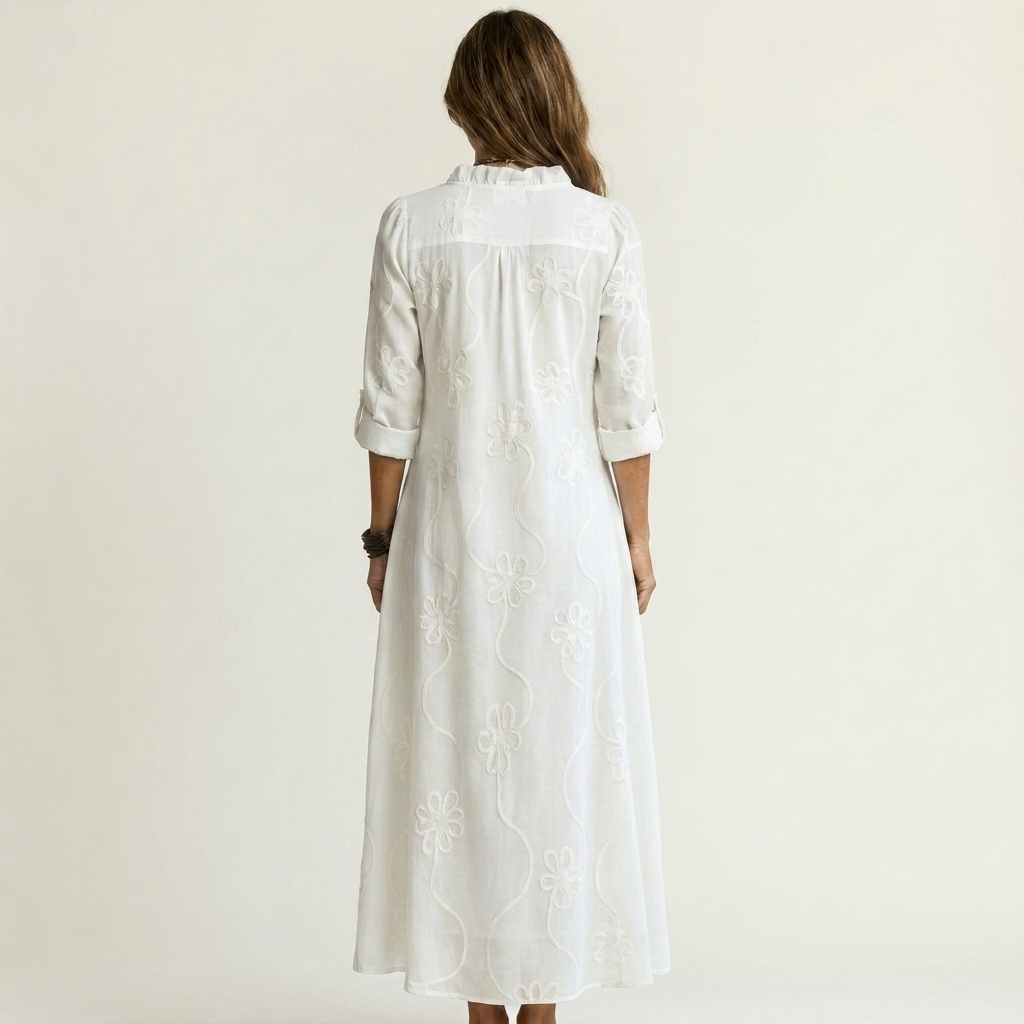 Mariam | Robe Maxi en Coton-Lin avec Broderie Florale