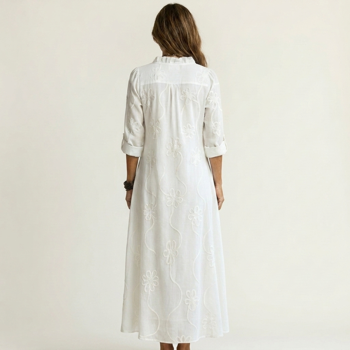 Mariam | Robe Maxi en Coton-Lin avec Broderie Florale