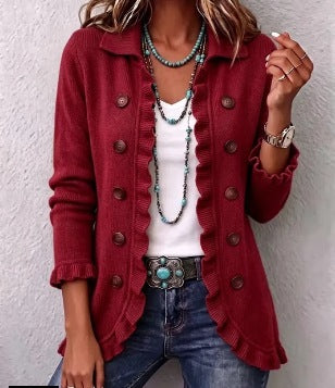 Veste Marta côtelée rouge rubis à volants