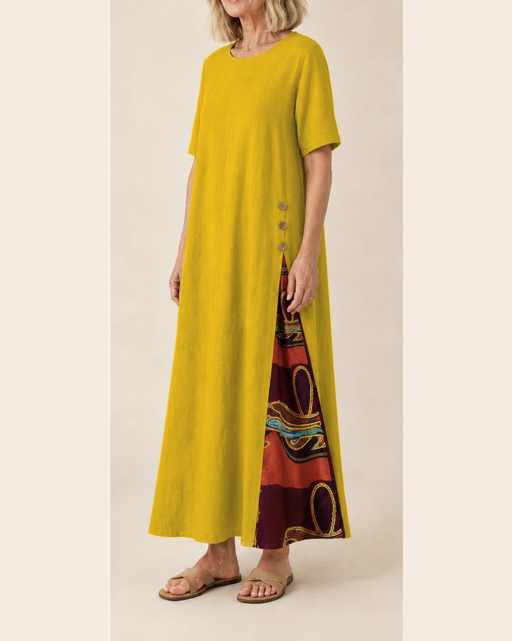 Robe Maurene jaune moutarde – vue trois-quarts