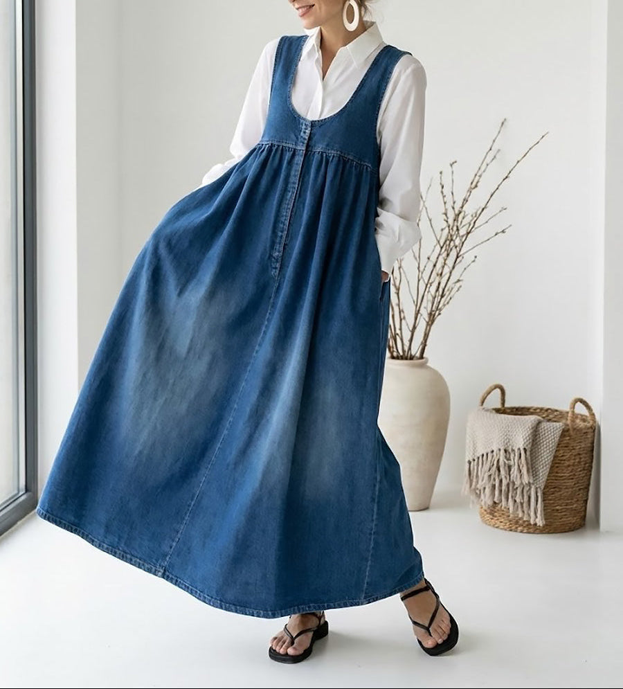 Karen | Robe Longue en Denim Lavé Vintage avec Touche de Coton Doux
