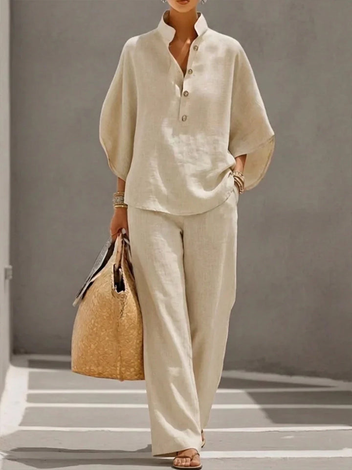 Maribel | Ensemble en lin avec manches chauve-souris et pantalon large