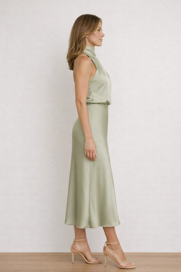 LOVETTE | Robe Maxi Satin Asymétrique à Col Halter