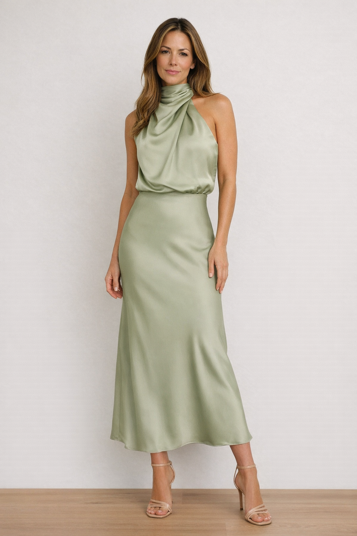 LOVETTE | Robe Maxi Satin Asymétrique à Col Halter