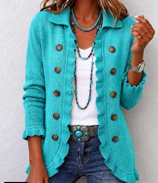 Veste Silvana côtelée turquoise à volants
