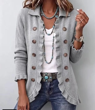 Veste Teodora côtelée gris chiné à volants