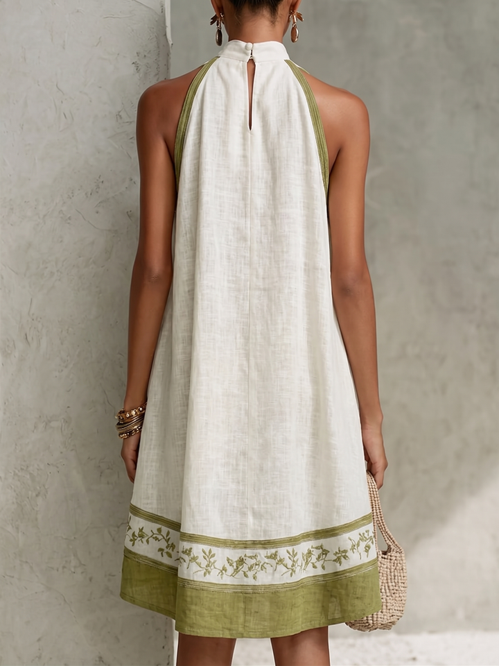 Agathe | Robe Mini A-Line Sans Manches Blanche et Vert Olive avec Fleurs