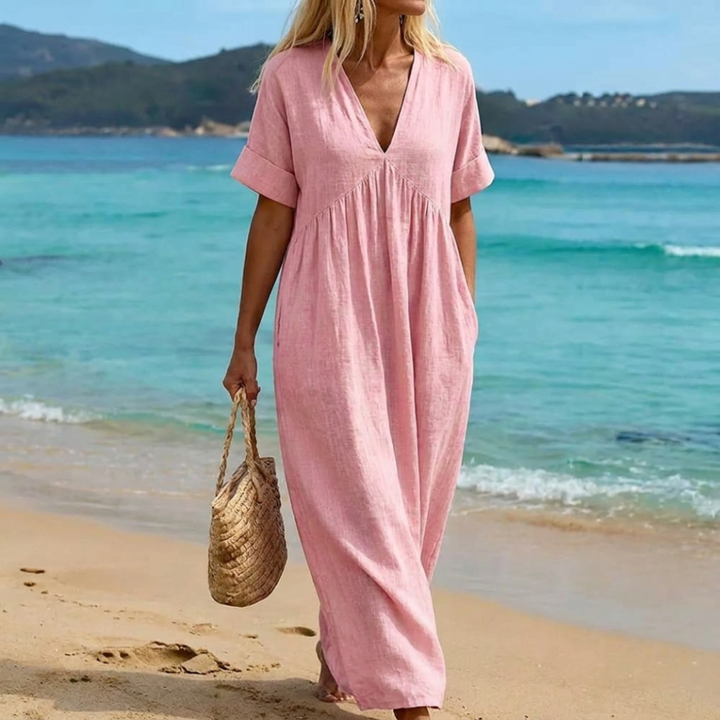 Viviana | Robe Longue Lin & Coton Col V Froncé & Manches Courtes