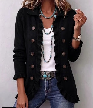 Veste Zaira côtelée noir intense à volants